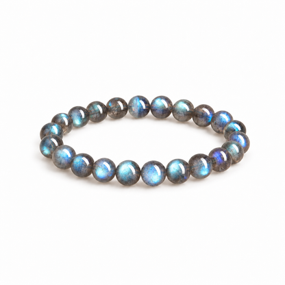 Dark grey moonstone round bead bracelet on white background