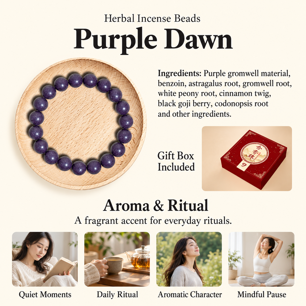 Purple Dawn herbal incense bracelet and gift box
