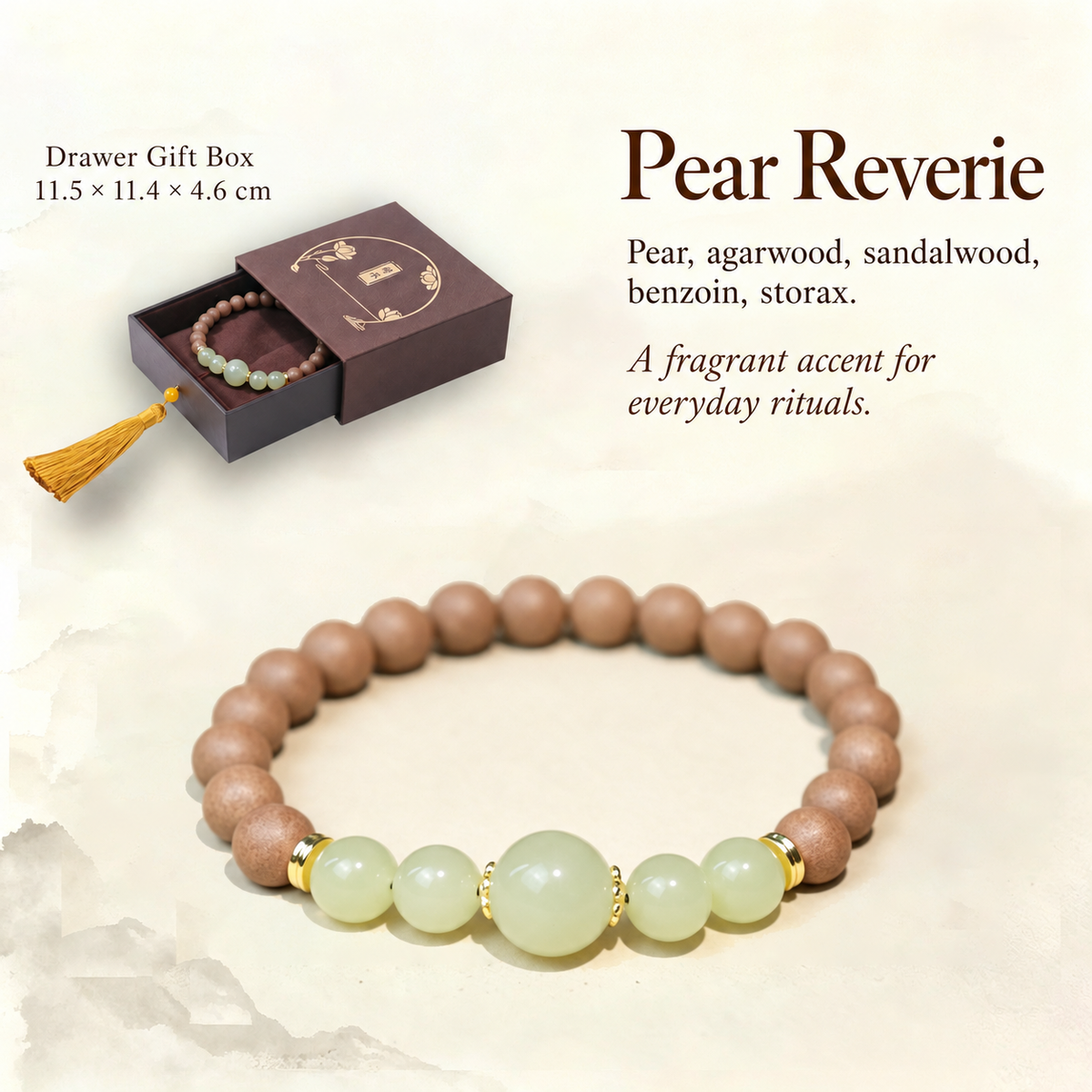 Pear Reverie herbal incense bracelet and gift box