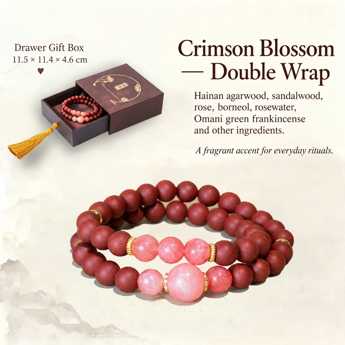 Crimson Blossom — Double Wrap herbal incense bracelet and gift box