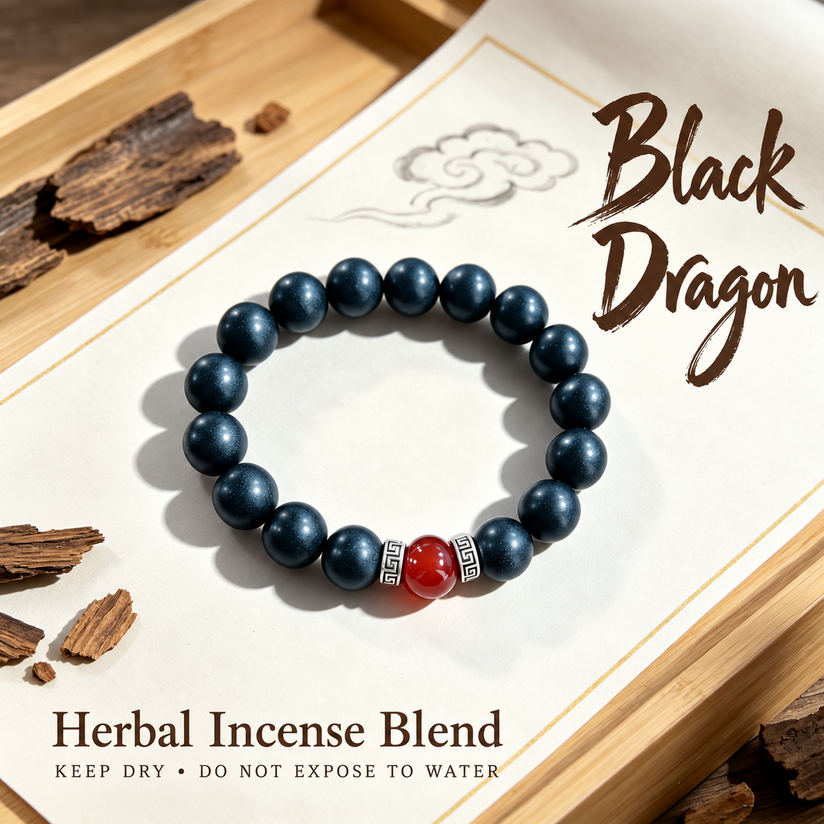 Black Dragon herbal incense bracelet; keep dry, do not expose to water