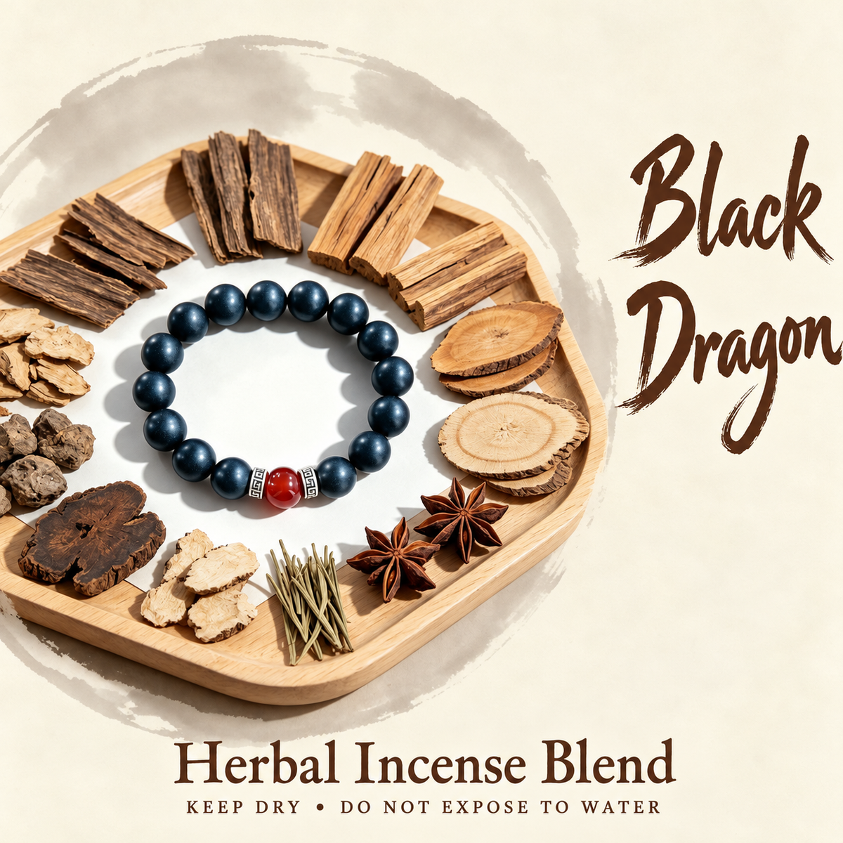 Black Dragon herbal incense bracelet; keep dry, do not expose to water