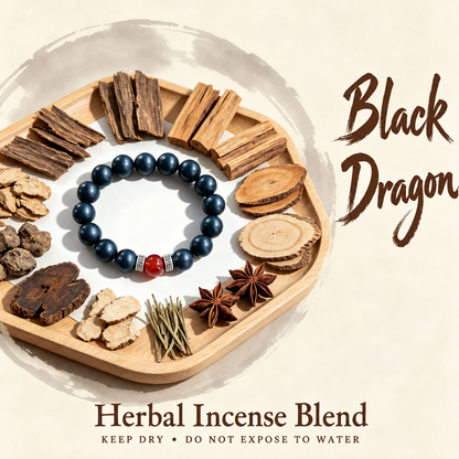 Black Dragon herbal incense bracelet; keep dry, do not expose to water