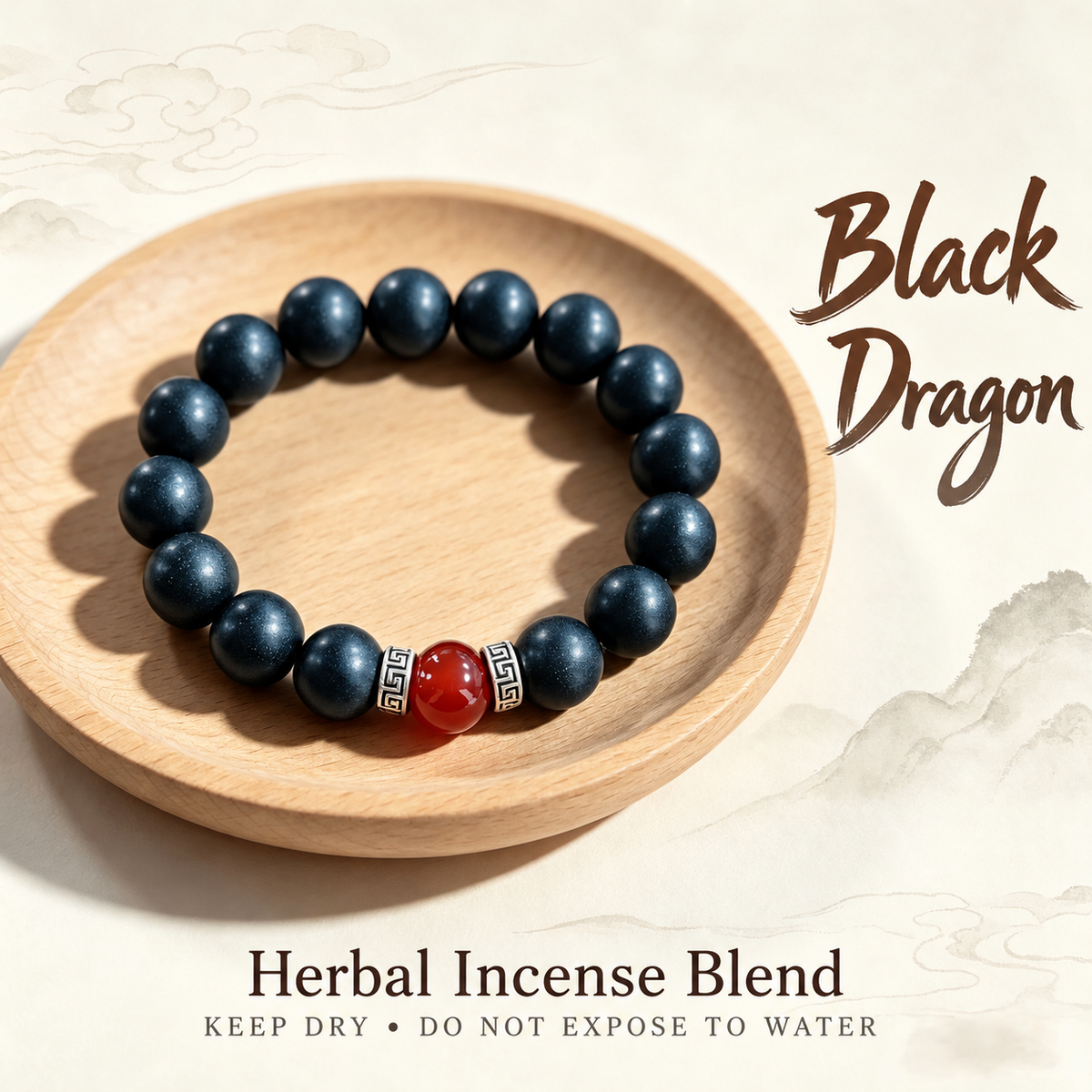 Black Dragon herbal incense bracelet; keep dry, do not expose to water