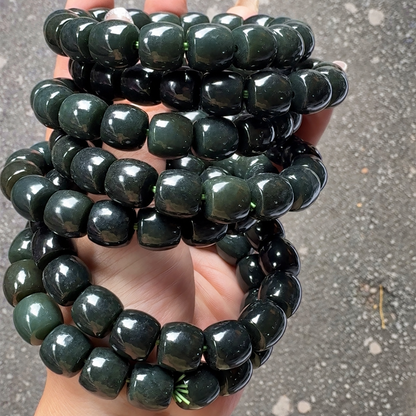 Deep green Hetian jade barrel bead bracelets