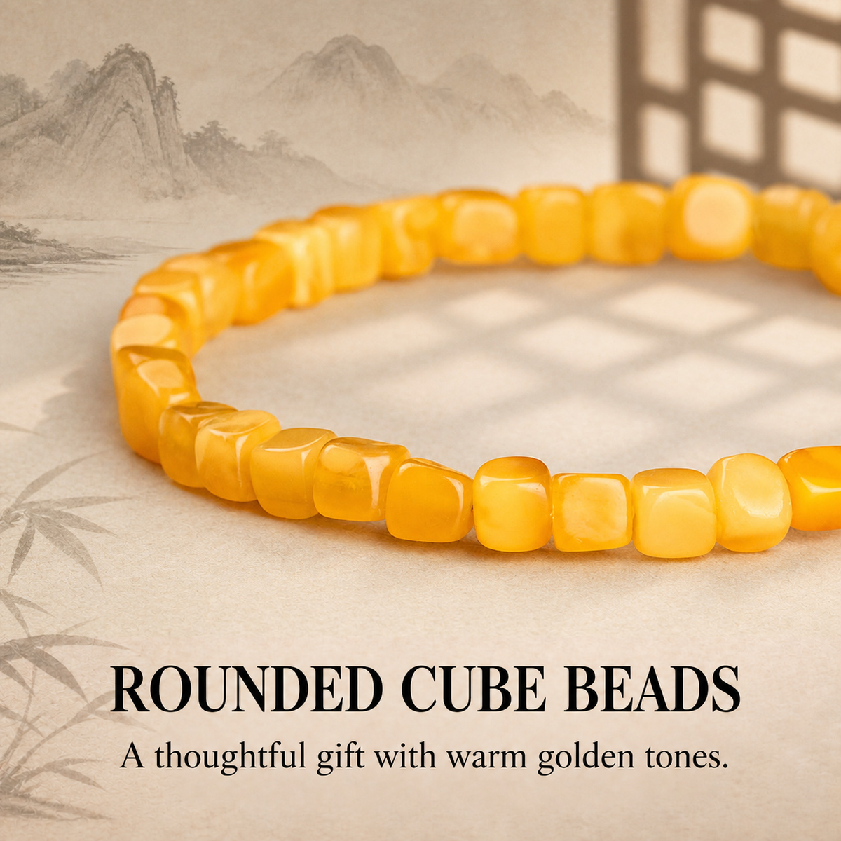 Close-up of honey-yellow amber bead shapes and internal patterns