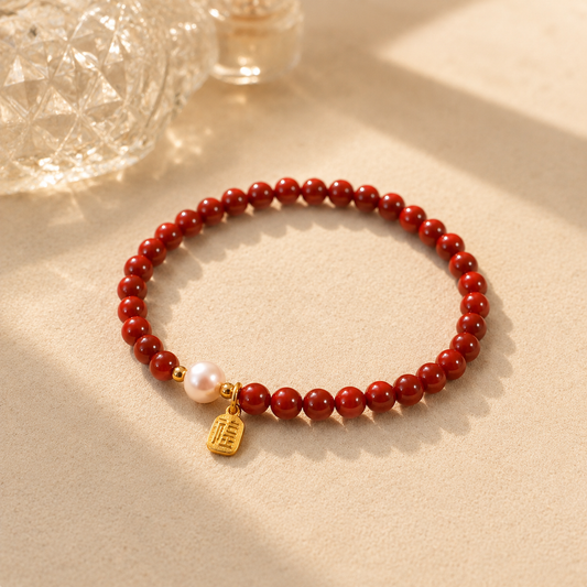 Imperial Cinnabar & Freshwater Pearl Bracelet – diagonal glass-bottle still life