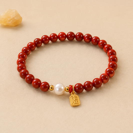 Imperial Cinnabar & Freshwater Pearl Bracelet – centered flatlay product view