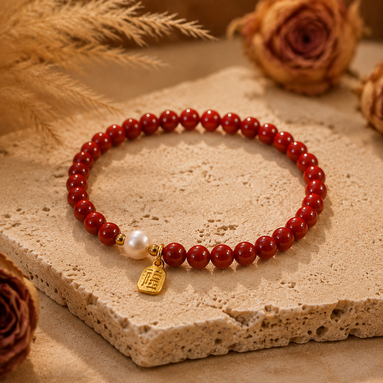 Imperial Cinnabar & Freshwater Pearl Bracelet – travertine and dried-flower still life
