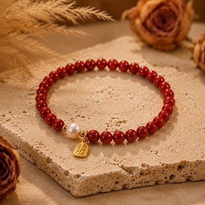 Imperial Cinnabar & Freshwater Pearl Bracelet – travertine and dried-flower still life