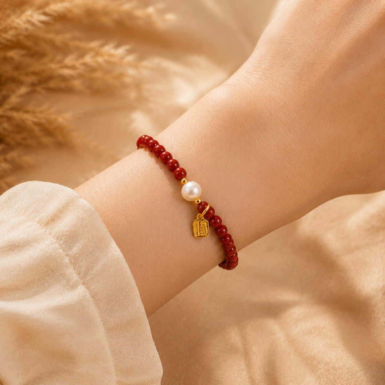 Imperial Cinnabar & Freshwater Pearl Bracelet – realistic on-wrist view