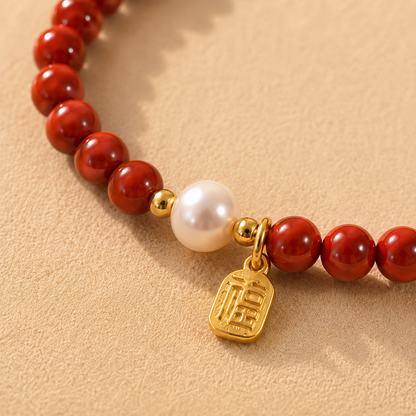 Imperial Cinnabar & Freshwater Pearl Bracelet – bead texture macro detail