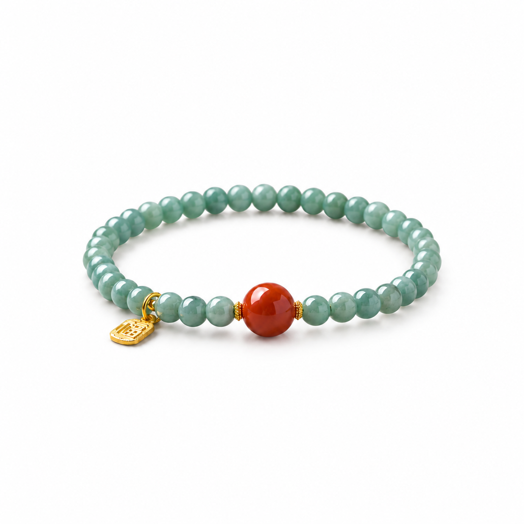 Blue-green jadeite and nanhong agate single-strand bracelet with Fu charm on white background