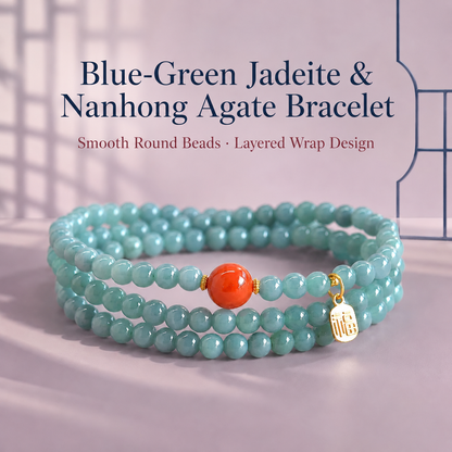 Blue-green jadeite and nanhong agate bracelet with gold-colored Fu charm