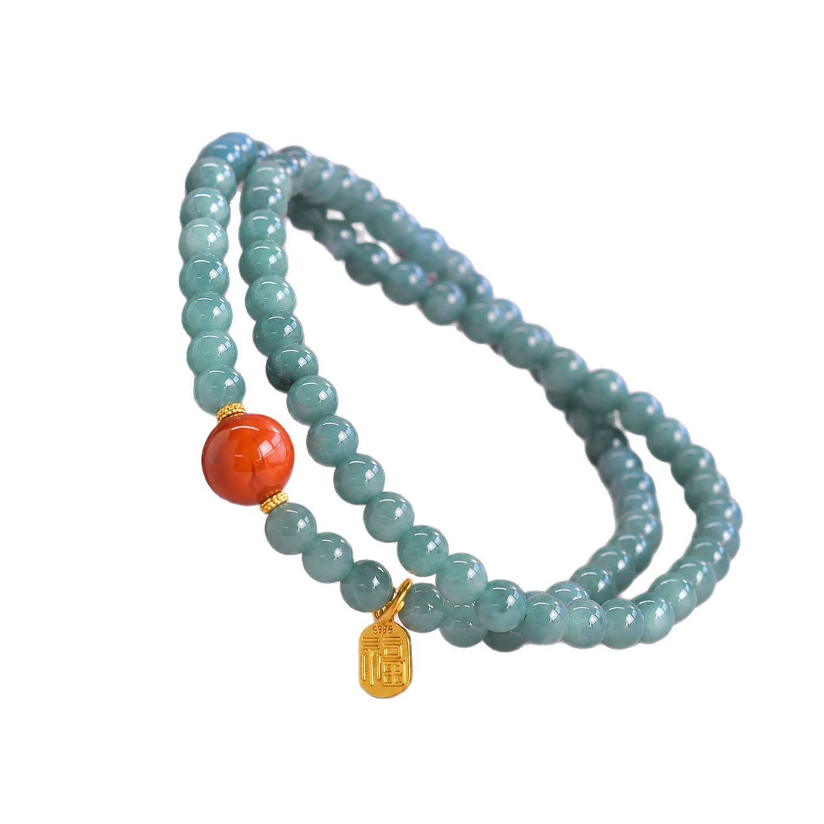 Blue-green jadeite and nanhong agate bracelet with gold-colored Fu charm