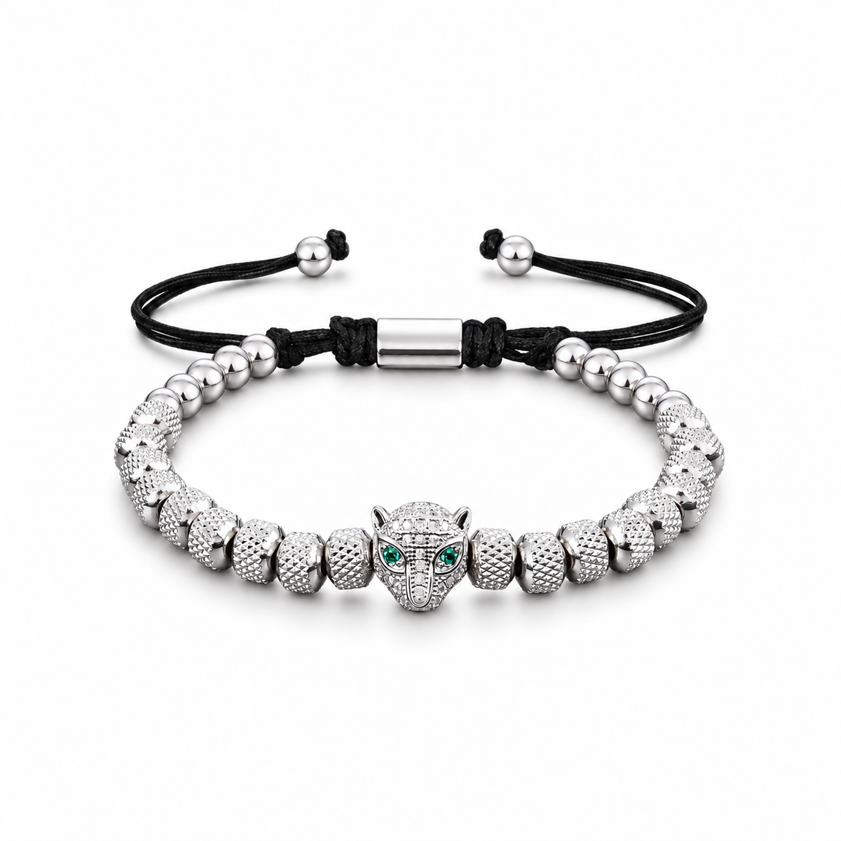 Green-eyed leopard head bracelet on a white background