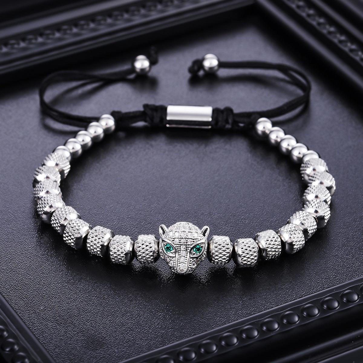 Original close-up of leopard head bracelet and adjustable closure