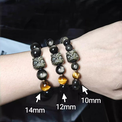 Lion dance obsidian bracelets comparing 10mm 12mm and 14mm beads