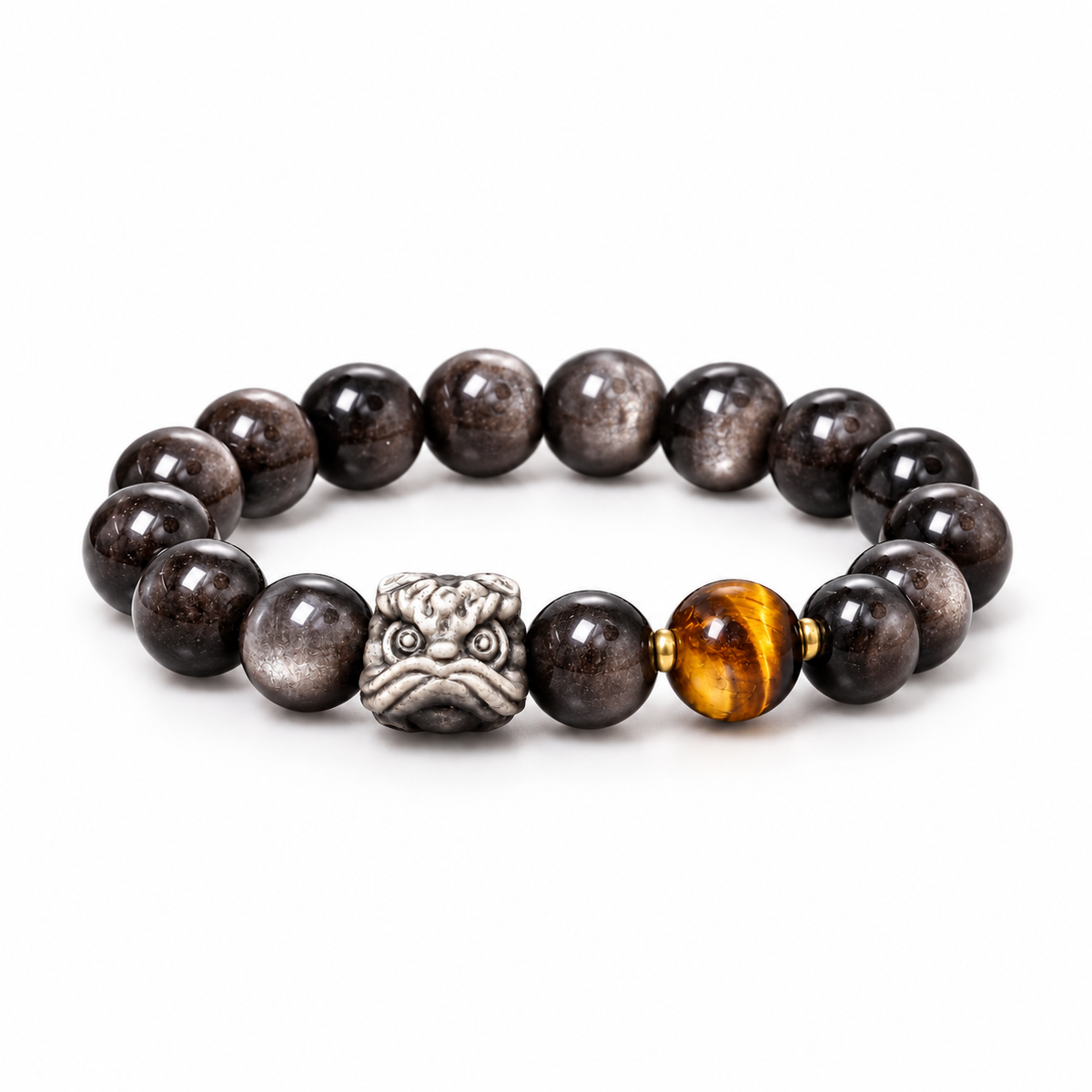 12mm silver sheen obsidian lion dance bracelet with tiger eye accent