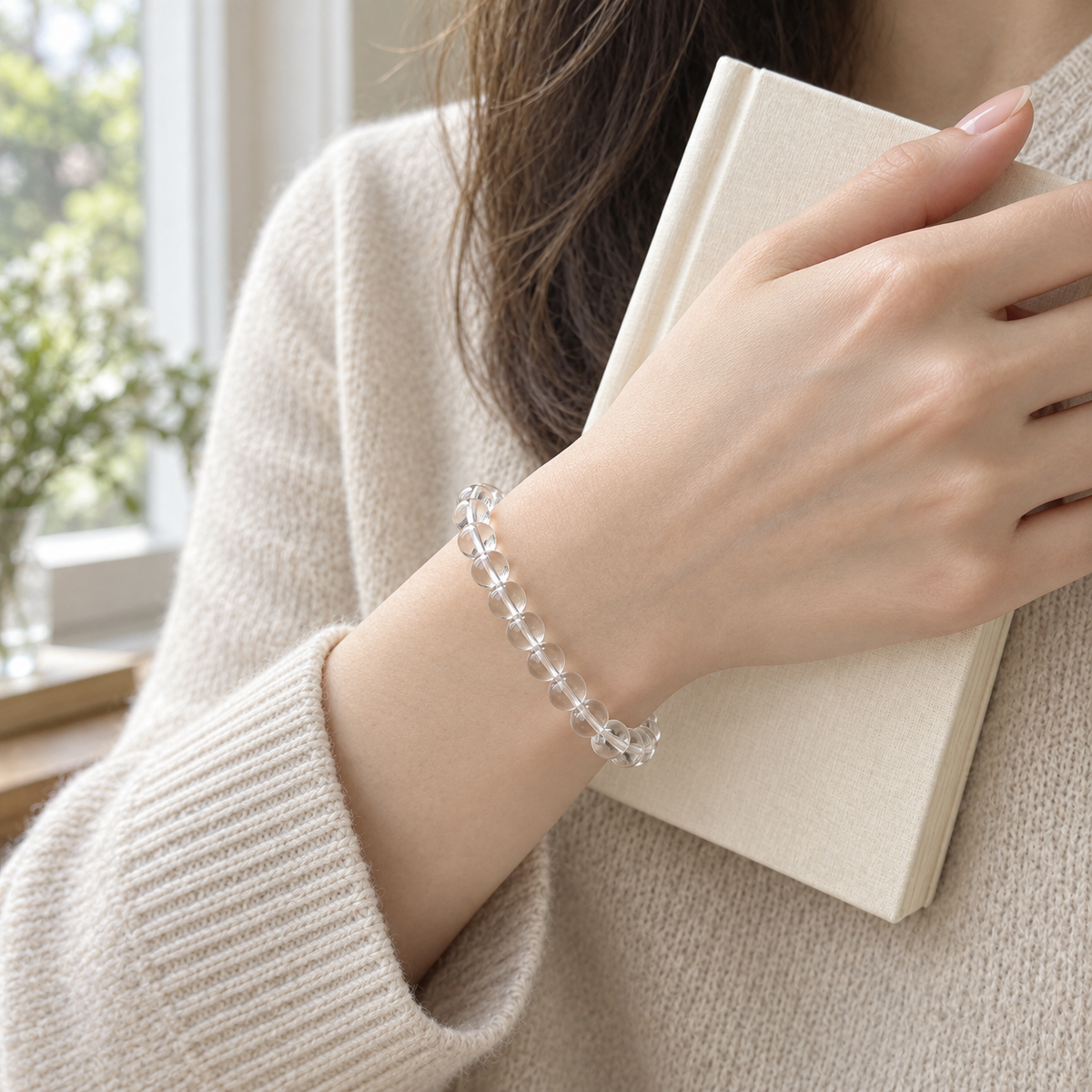 Natural Clear Quartz Minimalist Bracelet – window and book wrist view