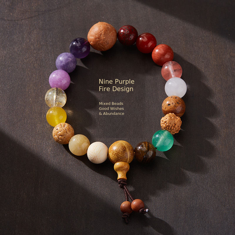 Mixed stone and bodhi seed bracelet with double cord tassel