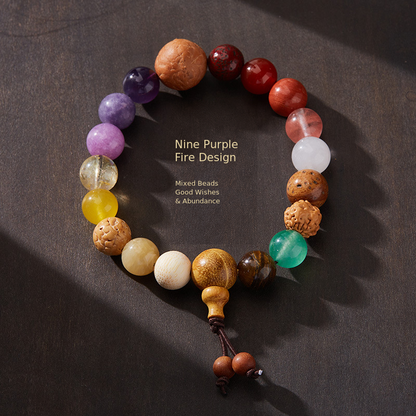 Mixed stone and bodhi seed bracelet with double cord tassel