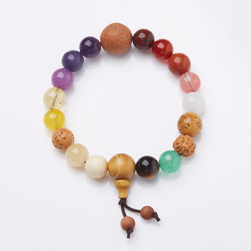 Complete mixed stone and bodhi seed bracelet with two wooden tail beads