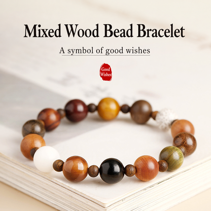 Mixed wood bead bracelet on a book