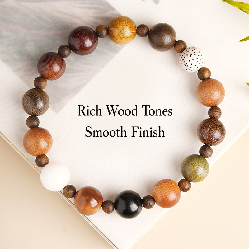 Mixed wood bracelet showing varied bead colors and grain