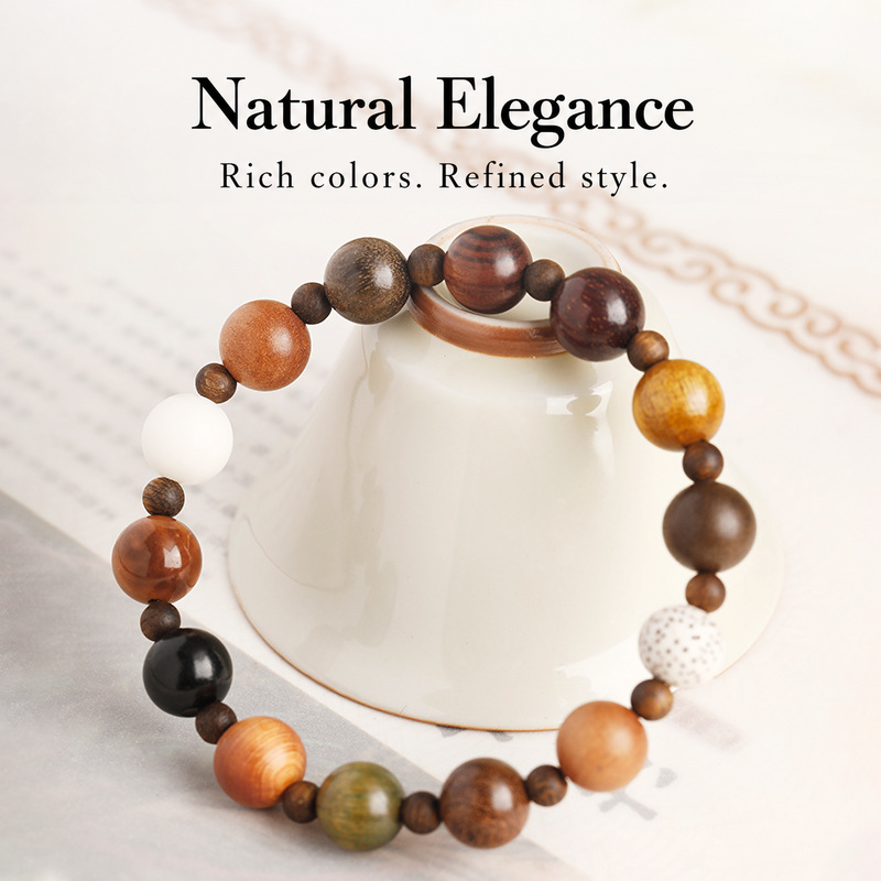 Mixed wood bead bracelet displayed around a ceramic cup