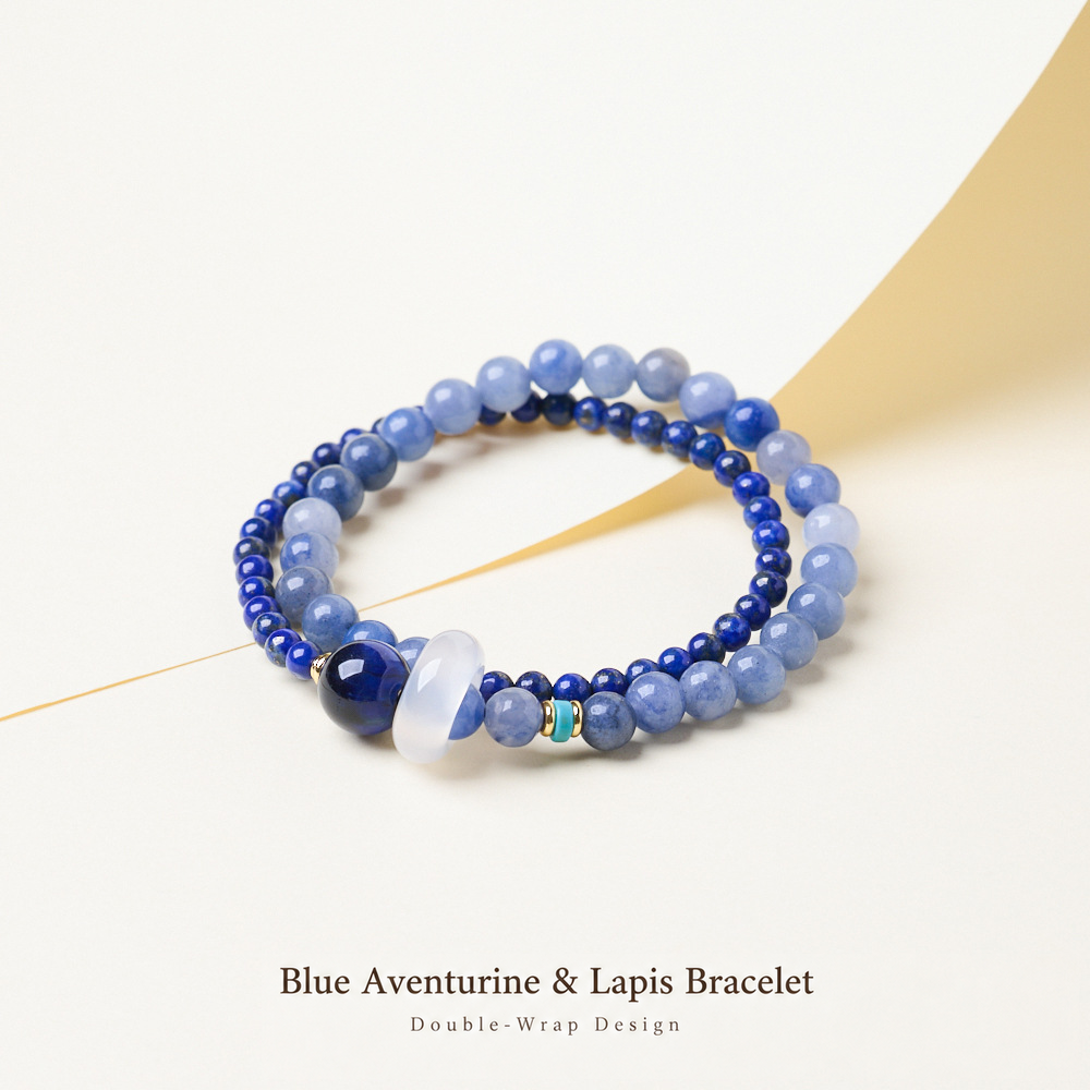 Blue aventurine and lapis double-wrap bracelet with chalcedony ring