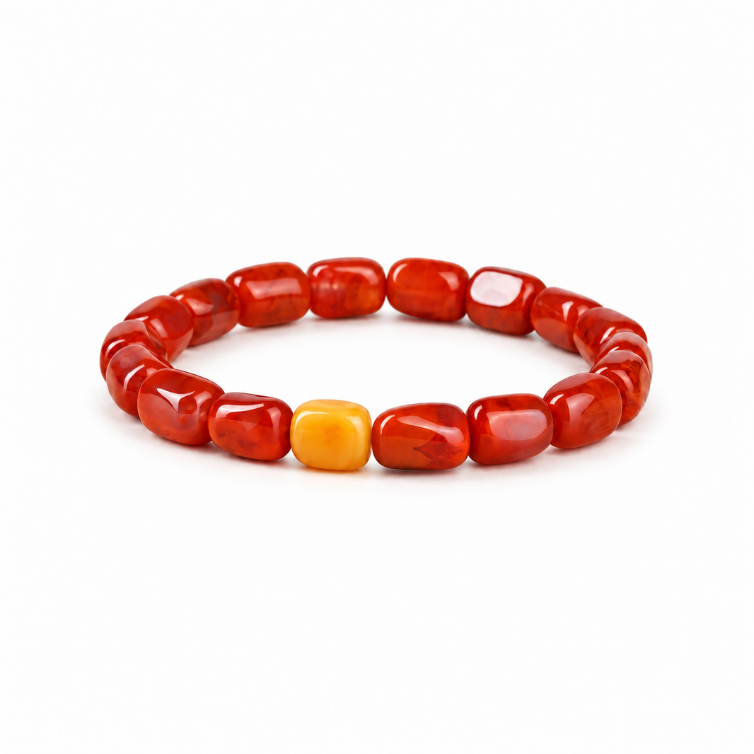 Nanhong red agate bracelet with a honey-yellow amber bead on white