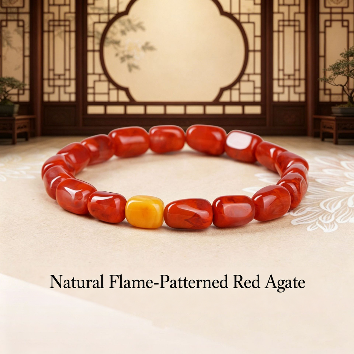 Red agate bracelet with amber accent and organic polished beads