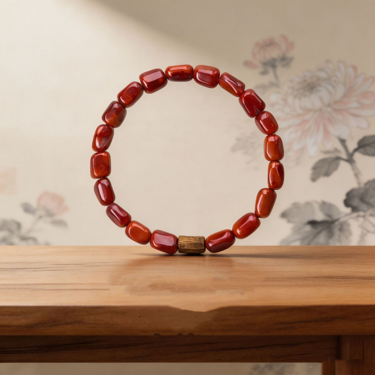 Red agate bracelet with brown agarwood accent bead