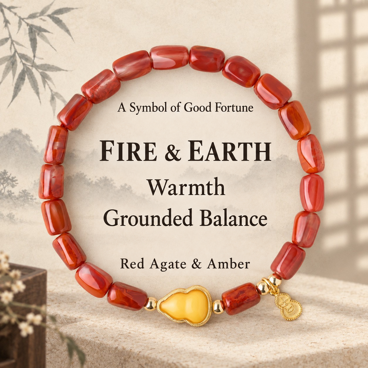 Red agate bracelet with amber gourd and gold-tone charm