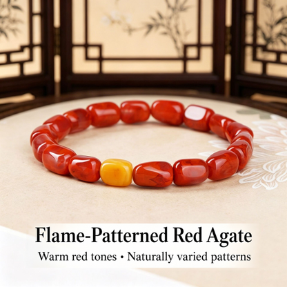 Flame-patterned red agate bracelet with honey-yellow amber bead