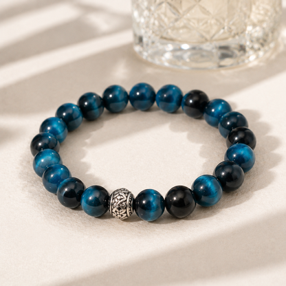 Natural Blue Tiger Eye Bracelet – 8mm – diagonal glass-bottle still life