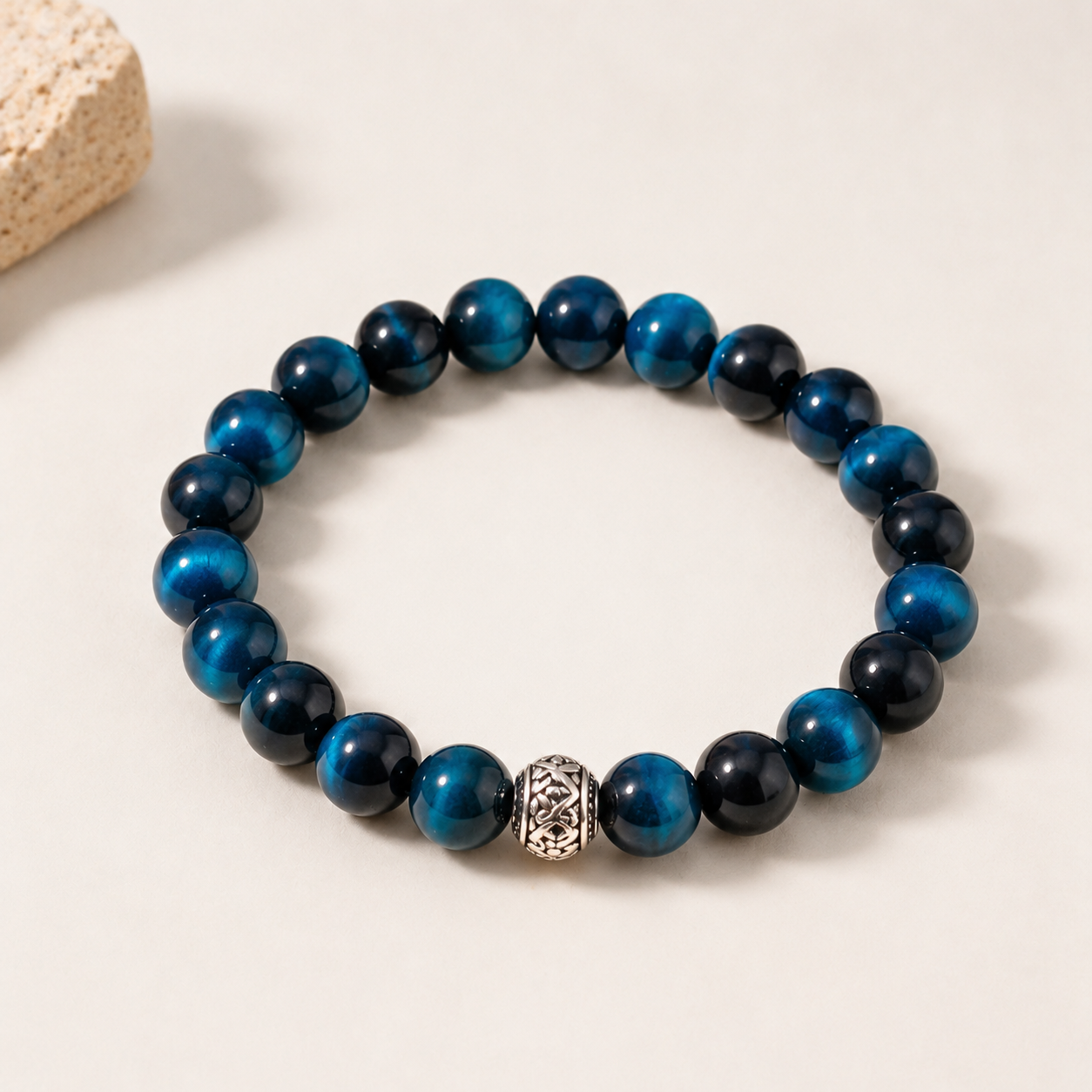 Natural Blue Tiger Eye Bracelet – 8mm – centered flatlay product view