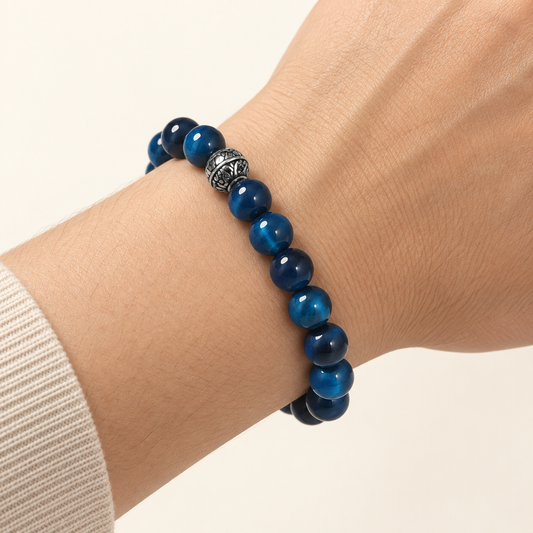Natural Blue Tiger Eye Bracelet 8mm on-wrist view