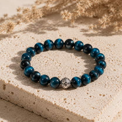 Natural Blue Tiger Eye Bracelet – 8mm – travertine and dried-flower still life