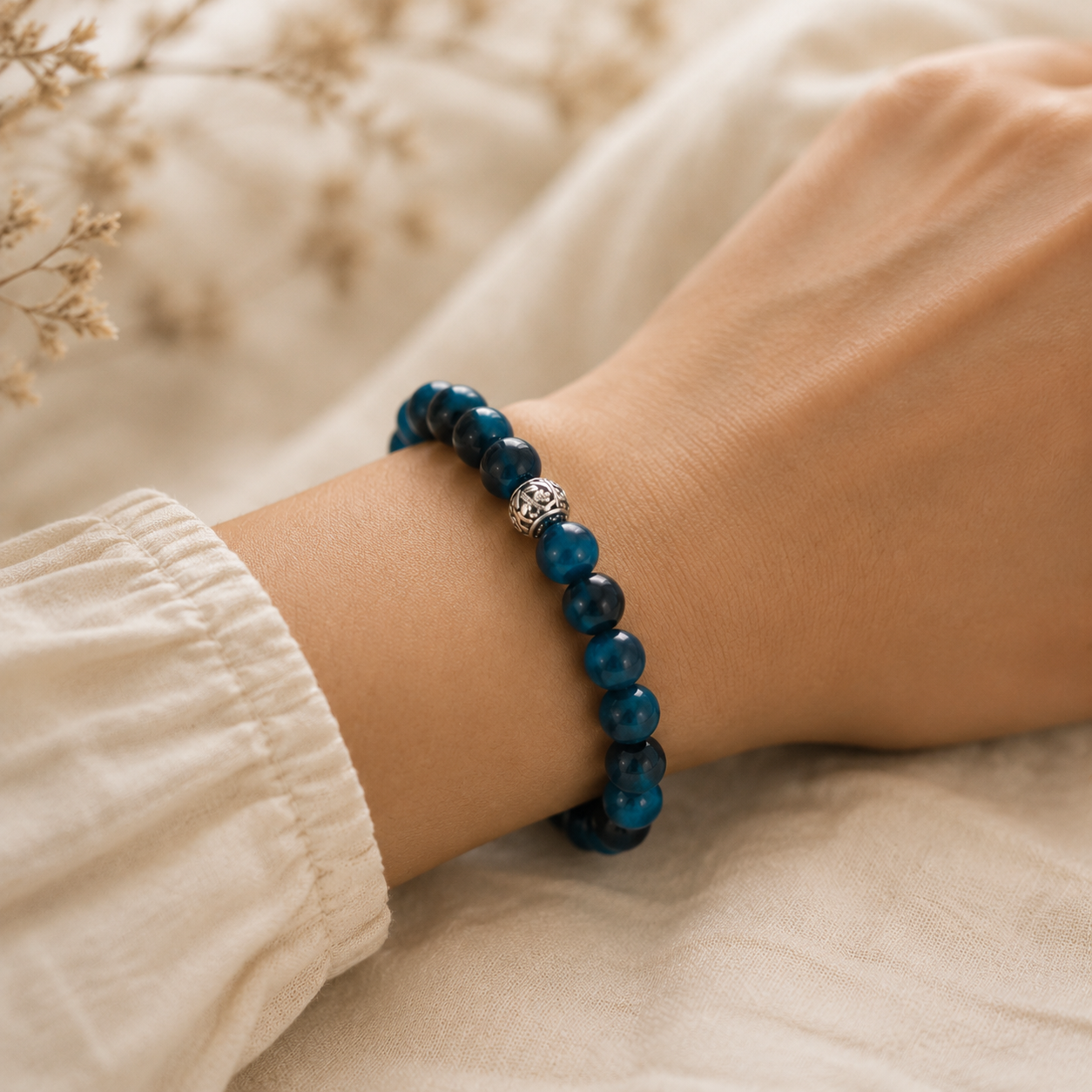 Natural Blue Tiger Eye Bracelet – 8mm – realistic on-wrist view