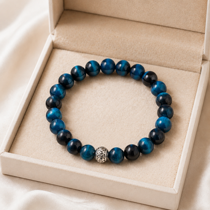 Natural Blue Tiger Eye Bracelet – 8mm – beige velvet gift-box view