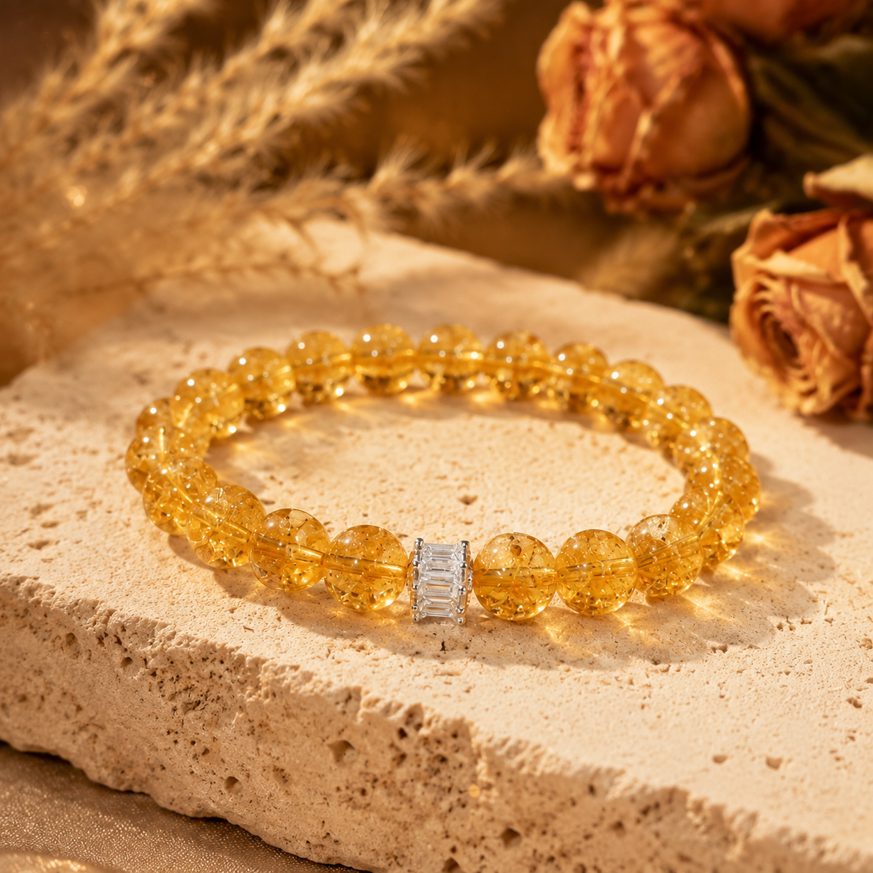 Natural Citrine Bracelet – 10mm – travertine and dried-flower still life