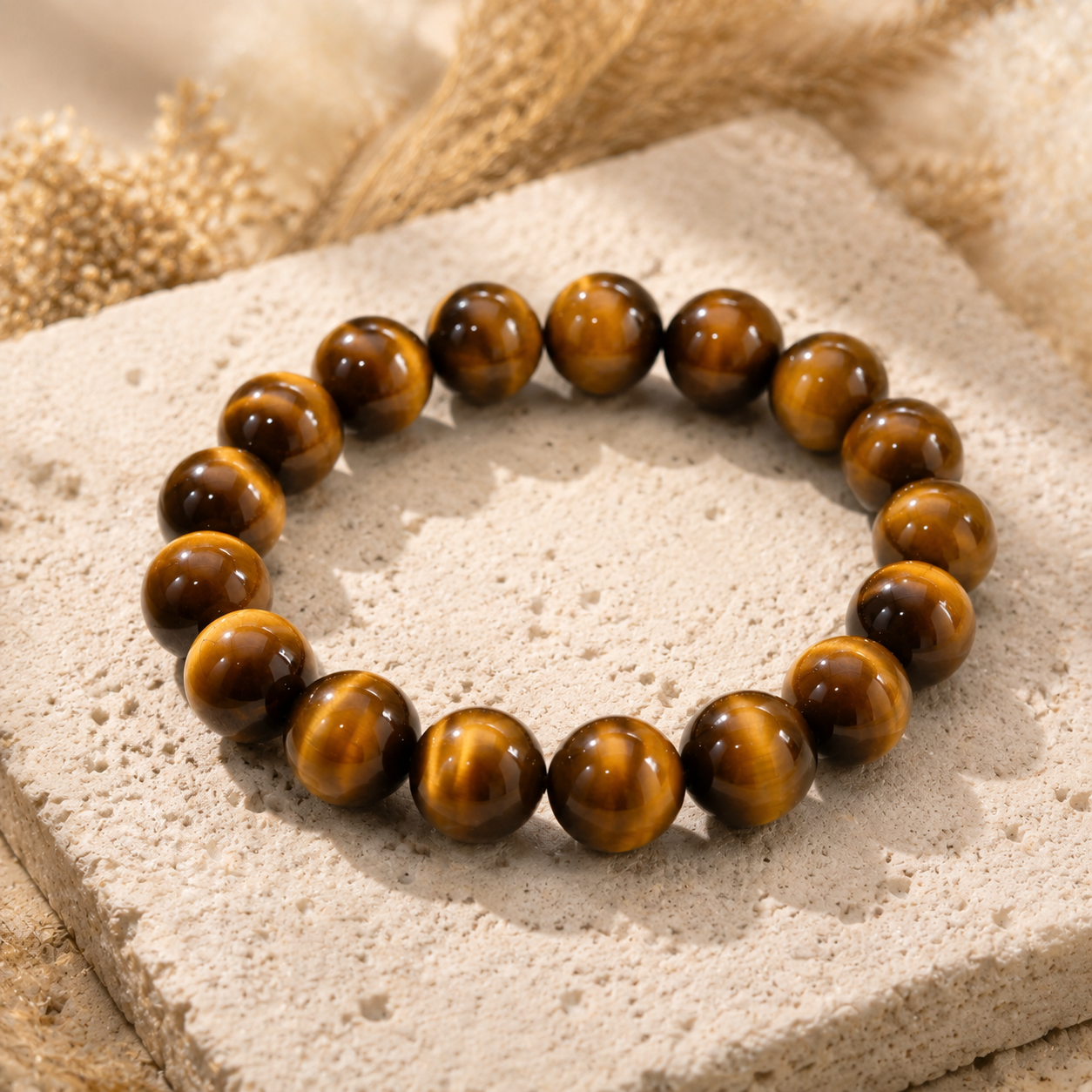Natural Golden Tiger Eye Bracelet – 12mm – travertine and dried-flower still life