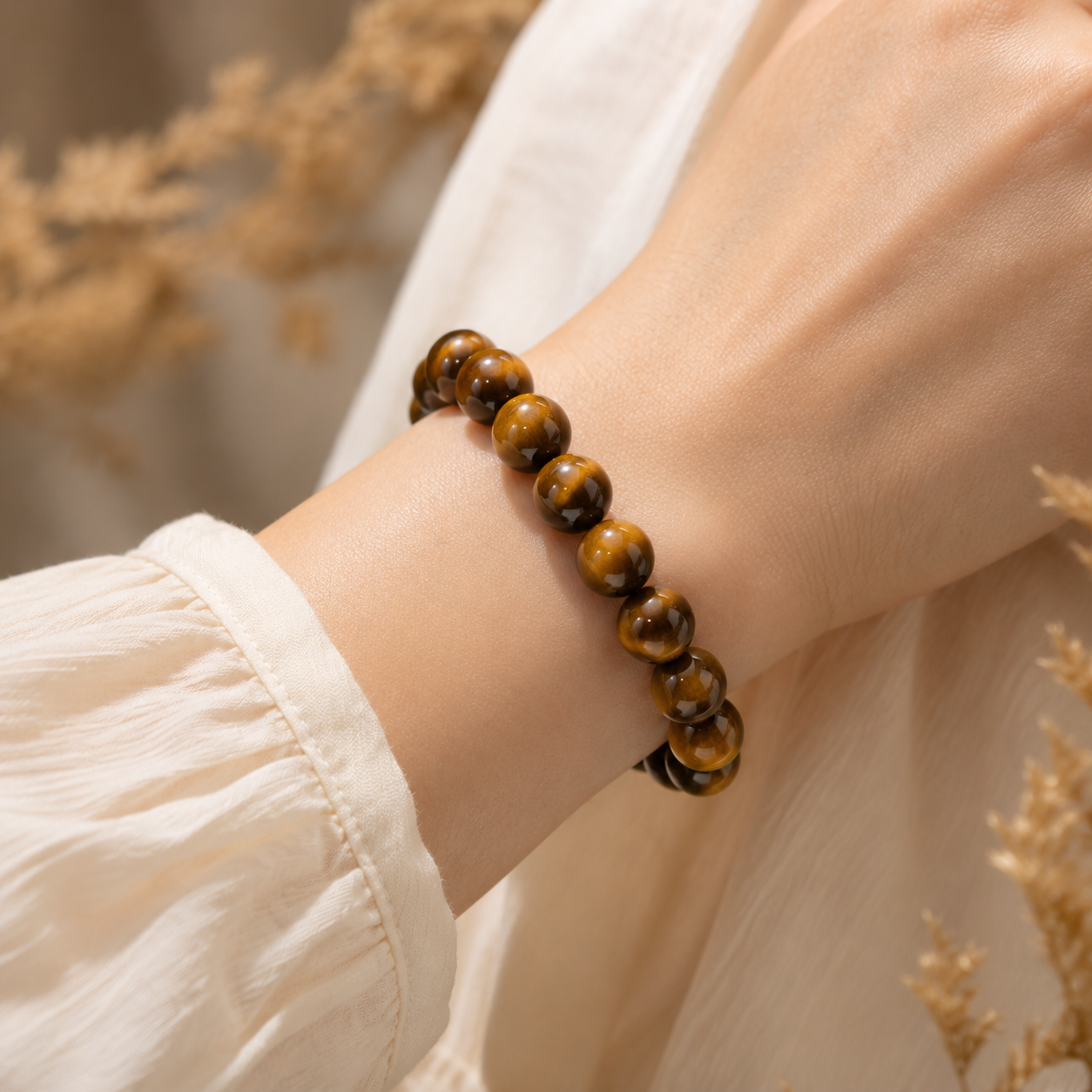 Natural Golden Tiger Eye Bracelet – 12mm – realistic on-wrist view