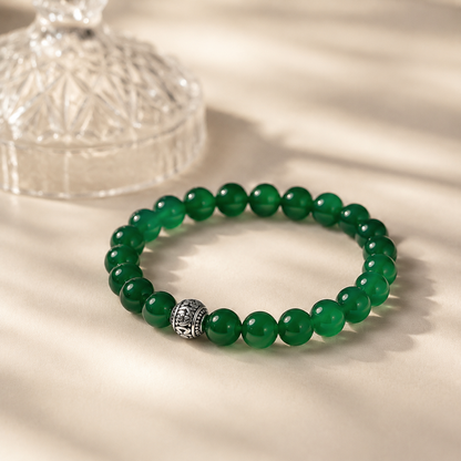 Natural Green Agate Bracelet – 8mm – diagonal glass-bottle still life