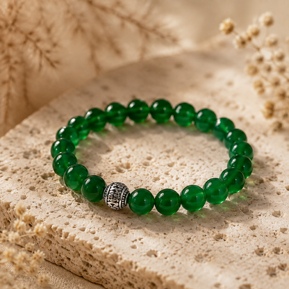 Natural Green Agate Bracelet – 8mm – travertine and dried-flower still life