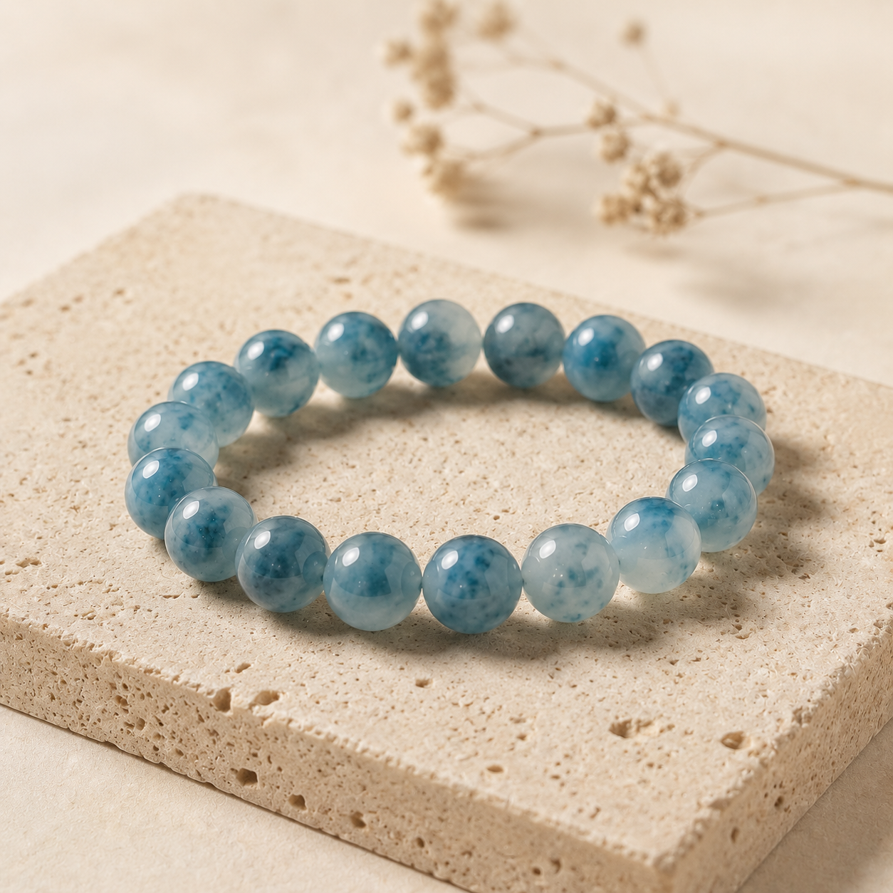 Natural icy blue water jadeite floating flower bracelet – travertine display