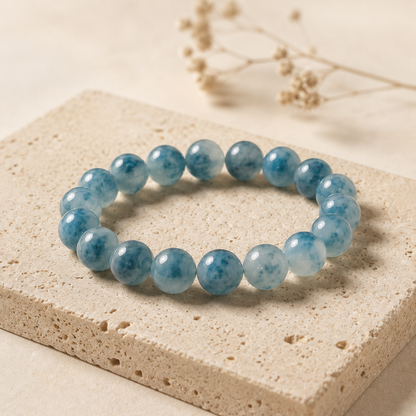 Natural icy blue water jadeite floating flower bracelet – travertine display