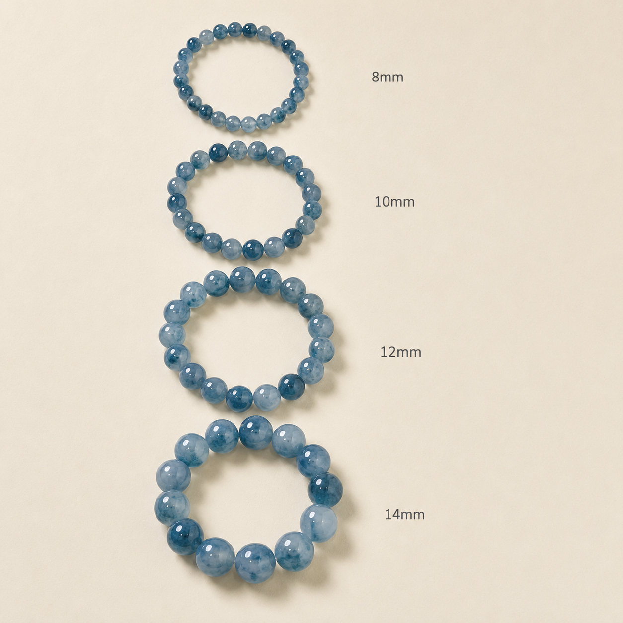 Blue water jadeite bracelet bead size guide – 8mm 10mm 12mm 14mm